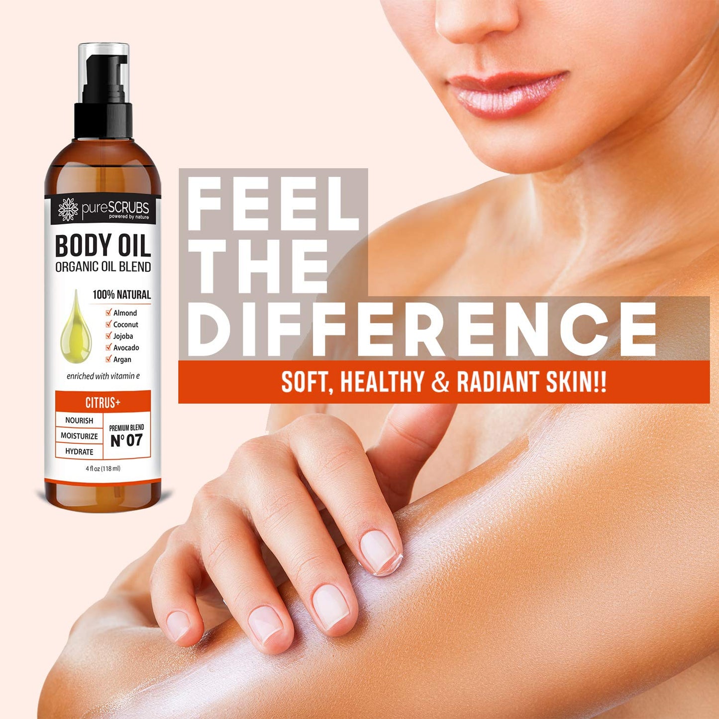 pureSCRUBS Ultra Moisturizing Citrus+ Body Oil Spray for Dry Skin, Massage, Cuticles & More Organic Super Blend of Jojoba, Argan, Coconut, Sweet Almond & Avocado Oils Enriched with Vitamin E, Lg 4oz