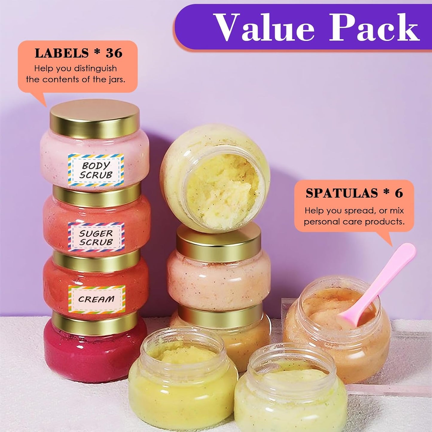 36 Pack 5 oz Plastic Cosmetic Containers With Lids Refillable Clear Empty Travle Jars Containers for Body Butter,Sugar Scrubs,Cream,Lotions,Candy, Waterproof Label&Spatulas - (White Lid)