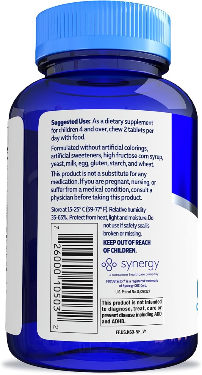 Focus Factor Kids Complete Daily Chewable Multivitamin & Neuro Nutrient Brain Function w/Vitamin B12, C, D3, Berry, 60 Count, Pack of 3