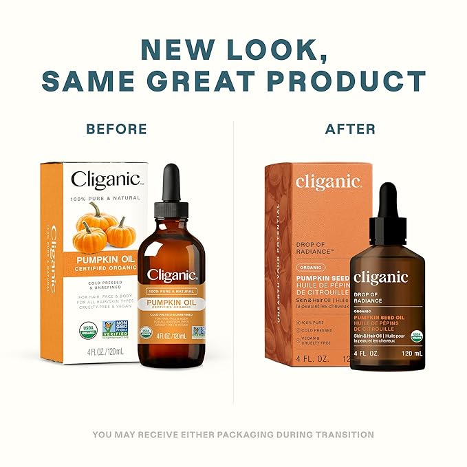 Cliganic Organic Pumpkin Seed Oil, 100% Pure - For Face & Hair | Natural Cold Pressed Unrefined (Packaging May Vary)