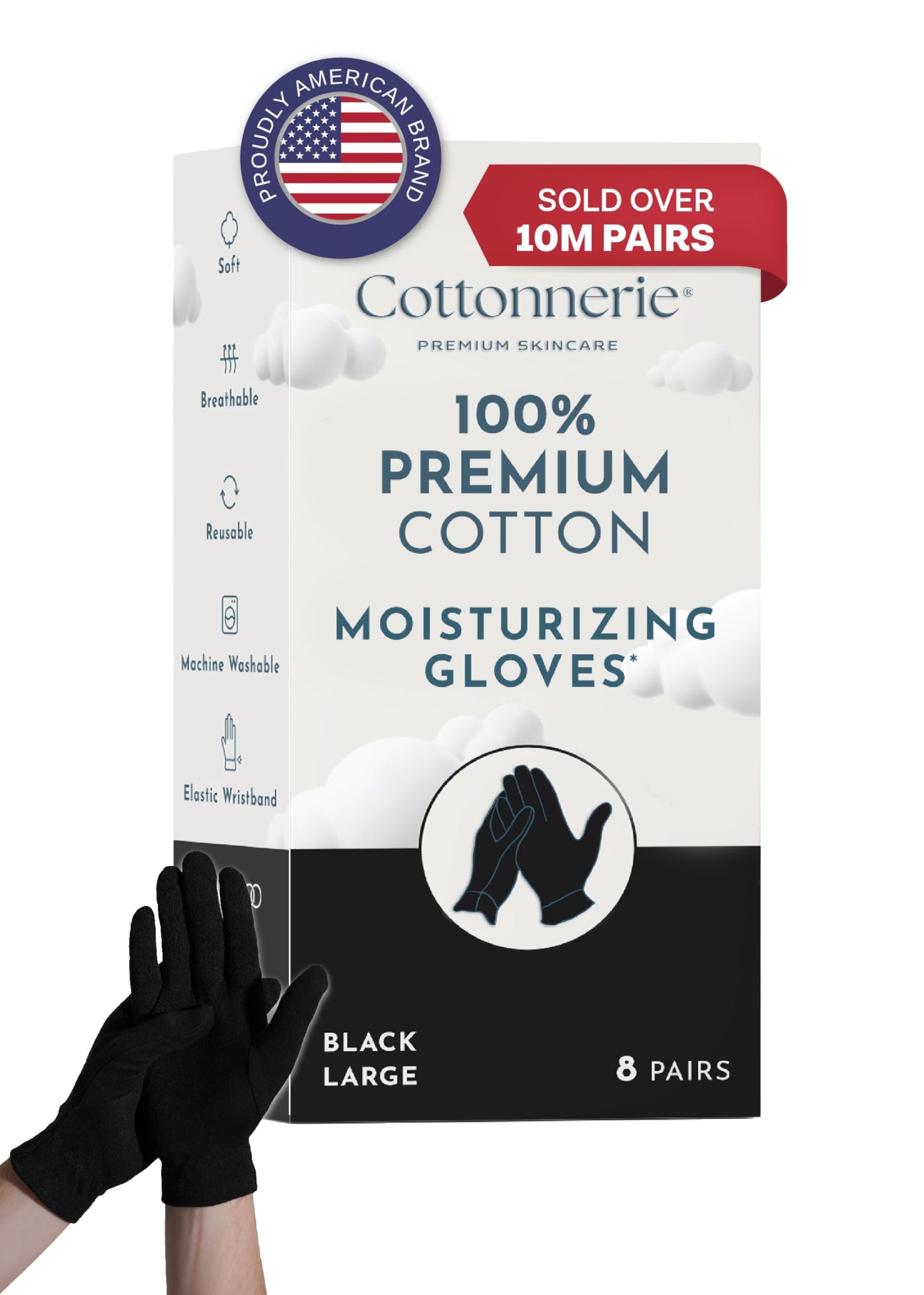 Gaxcoo Cottonnerie Cotton Gloves for Dry Hands, Moisturizing Overnight, Sleeping Eczema Gloves, Large 8 Pair, Black