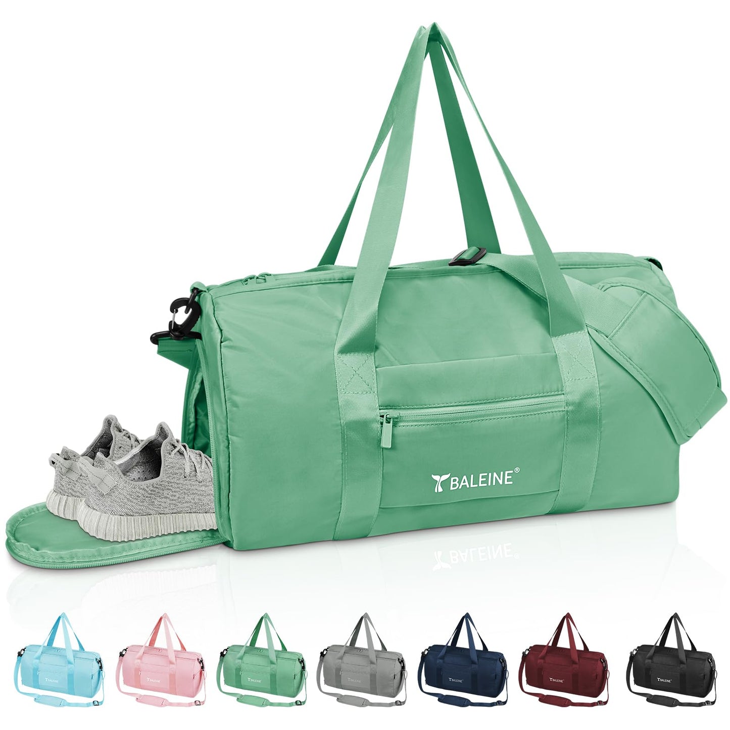 BALEINE Gym Bag for Women and Men, Small Duffel Bag for Sports, Gyms and Weekend Getaway, Waterproof Dufflebag with Shoe and Wet Clothes Compartments, Lightweight Carryon Gymbag (Green)