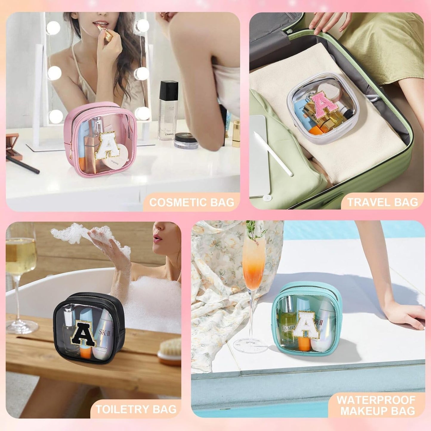 YOOLIFE Initial Make Up Bag Travel Toiletry Bag, Clear Makeup Bag Preppy Cosmetic Bags Organizer Travel Essentials Gifts for Women Teen Girlfriend Teacher Mom Birthday Mothers Day Gifts Mini Blue H