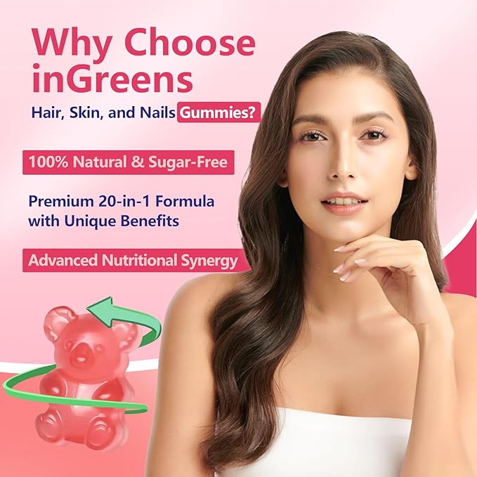 20-in-1 Hair and Nails Gummies - Hair, Skin and Nails Vitamins for Women - 10000 mcg Biotin, Vitamins A, C, D, E - Supports Hair Growth & Radiant Skin - White Peach Flavor - 90 Gummies