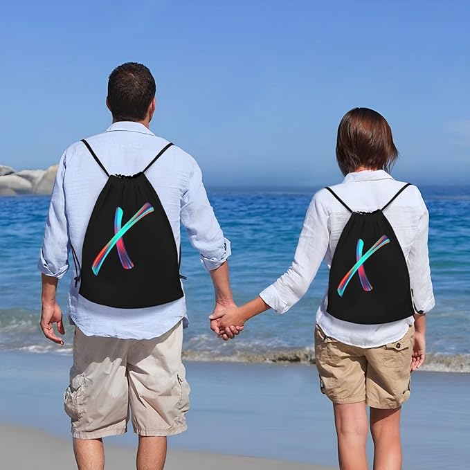 Drawstring Bags Initial Drawstring Backpack Sackpack Black Draw String Cinch Bags for Sports, Gym, Travel, Swimming, Beach, Camping, Rainbow Letter X