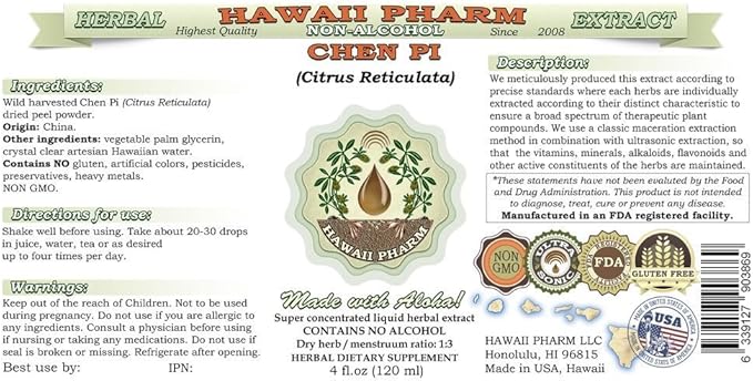 Chen Pi Alcohol-Free Liquid Extract, Chen Pi, Tangerine (Citrus Reticulata) Peel Glycerite Hawaii Pharm Natural Herbal Supplement 32 oz Unfiltered