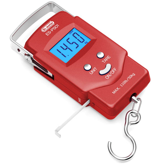 Dr.meter Fish Scale: PS01 110lb/50kg Backlit LCD Display Fishing Scale with Built-in Measuring Tape - Electronic Balance Digital Fishing Postal Hanging Hook Scale with 2 AAA Batteries