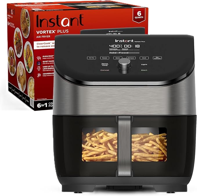 Instant Vortex Plus 6QT Air Fryer with Odor Erase Technology, 6-in-1 Functions that Crisps, Roasts, Broils, Dehydrates, Bakes & Reheats, 100+In-App Recipes, from the Makers of Instant Pot,1700W,Black
