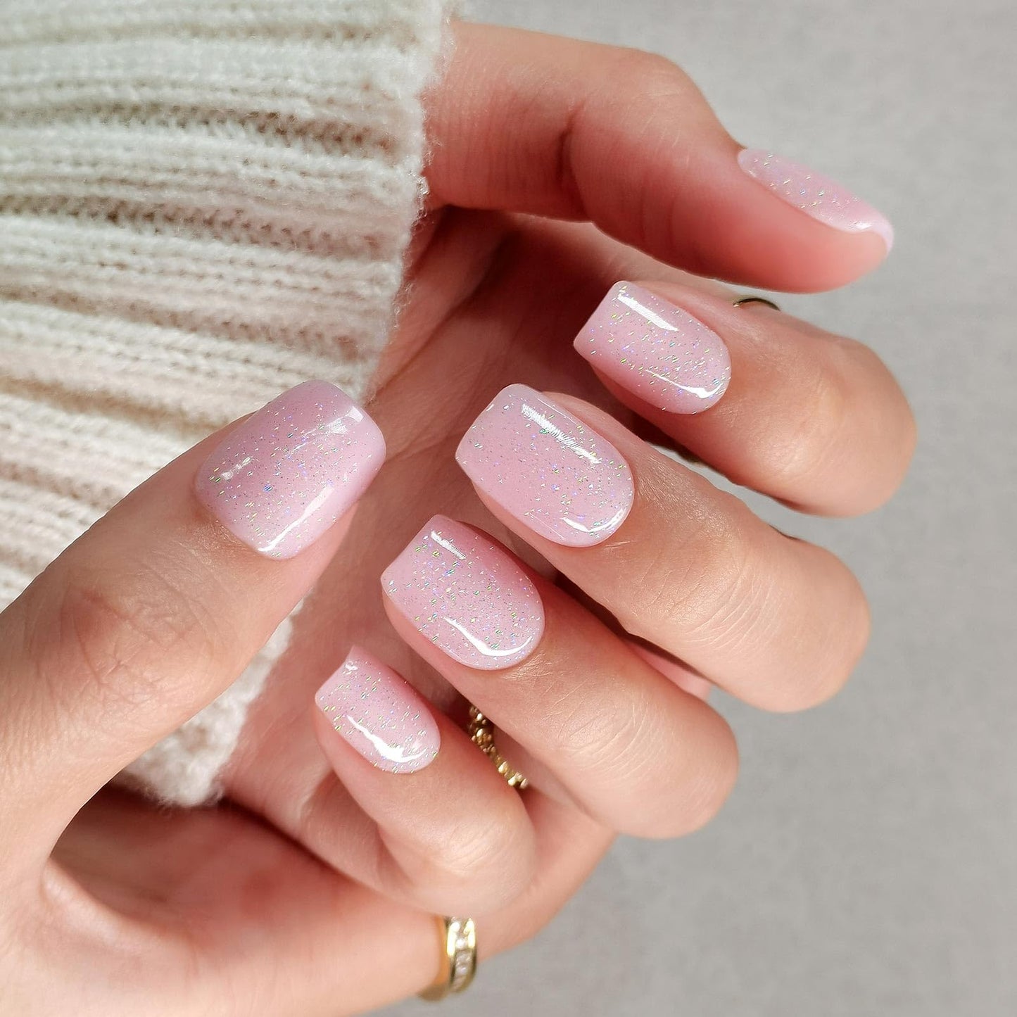 SHANGMENG Press on Nails Square - Soft Gel Pink Press on Nails Short for Women Gift, Fit Perfectly & Natural Stick on Nails with Glue in 16 Sizes - 32 Reusable Fake Nails, Shimmering Pink