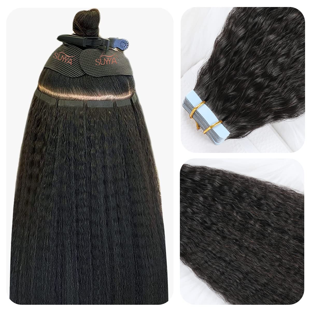 SUYYA Kinky Straight Tape in Extensions Natural Black Tape in Hair Extensions Human Hair Kinky Straight 12 Inch Skin Weft 40g/Pack 20PCS Tape INS for Women(#1B Natural Black)
