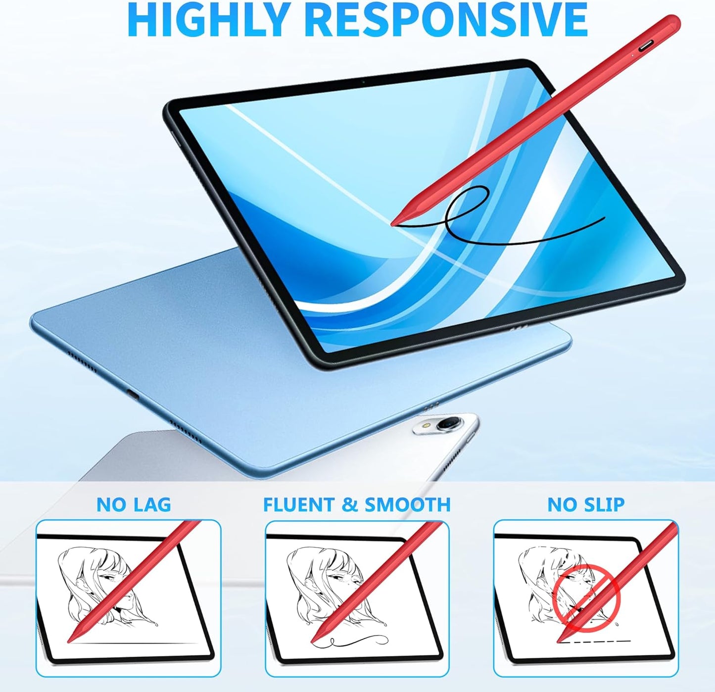DRYMOKINI Stylus Pen for Touchscreen, Active Stylus Pen Compatible for Android and iOS Tablet/Phones, Rechargeable Universal Stylist Pencil Compatible for A-pple/i-Pad/Phone Tablet, Red