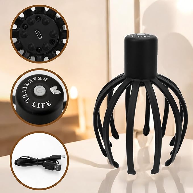 Electric Scalp Massager – Automatic Vibrating Head Massage Tool with 12 Nodes & 3 Modes – Octopus Scratcher for Stress Relief, Therapeutic Hair Stimulation & Relaxation (Black)