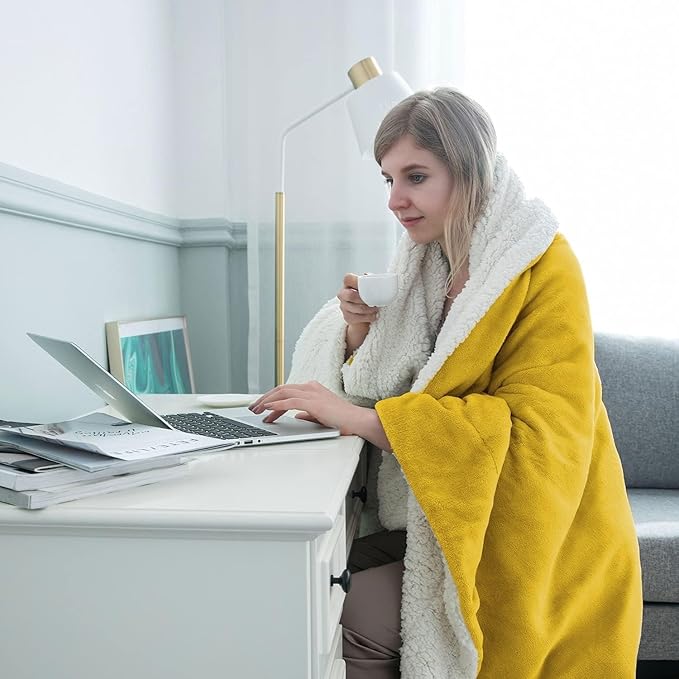 IR Imperial Rooms Ochre Sherpa Blankets Queen Size for Bed - Wholesale Bulk Pack of 9 Sherpa Blankets - Soft Fluffy Throw Blanket for Hotels, Guest Bedroom (Yellow, 90x90 Inches)
