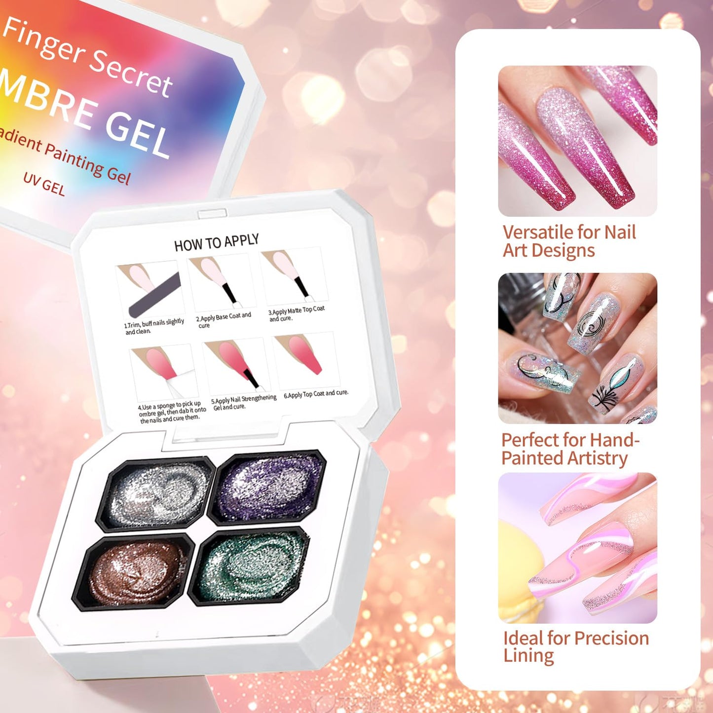 Finger Secret 4 Colors Ombre Gel Nail Polish,Glitter Ombre Pigment Palette Pat Patting Gel with 20Pcs Nail Sponges for Nail Painting Gel Nail Art in Salon or Home Use (k5)