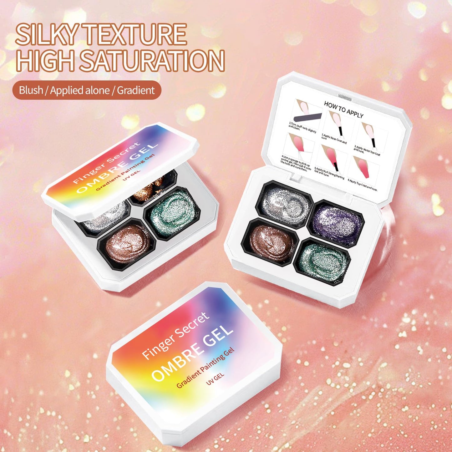 Finger Secret 4 Colors Ombre Gel Nail Polish,Glitter Ombre Pigment Palette Pat Patting Gel with 20Pcs Nail Sponges for Nail Painting Gel Nail Art in Salon or Home Use (k5)