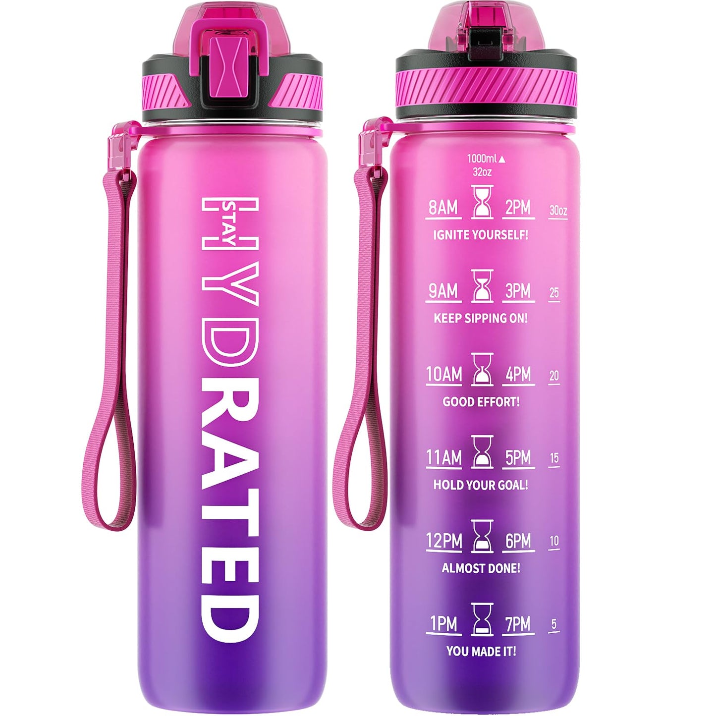 QLUR Water Bottle with Straw, 32 oz Motivational Water Bottles with Time Marker to Drink, Tritan BPA Free, 1L Sports Water Bottle with Carry Strap LeakProof for Women Gym Fitness Outdoor (1 Pack)