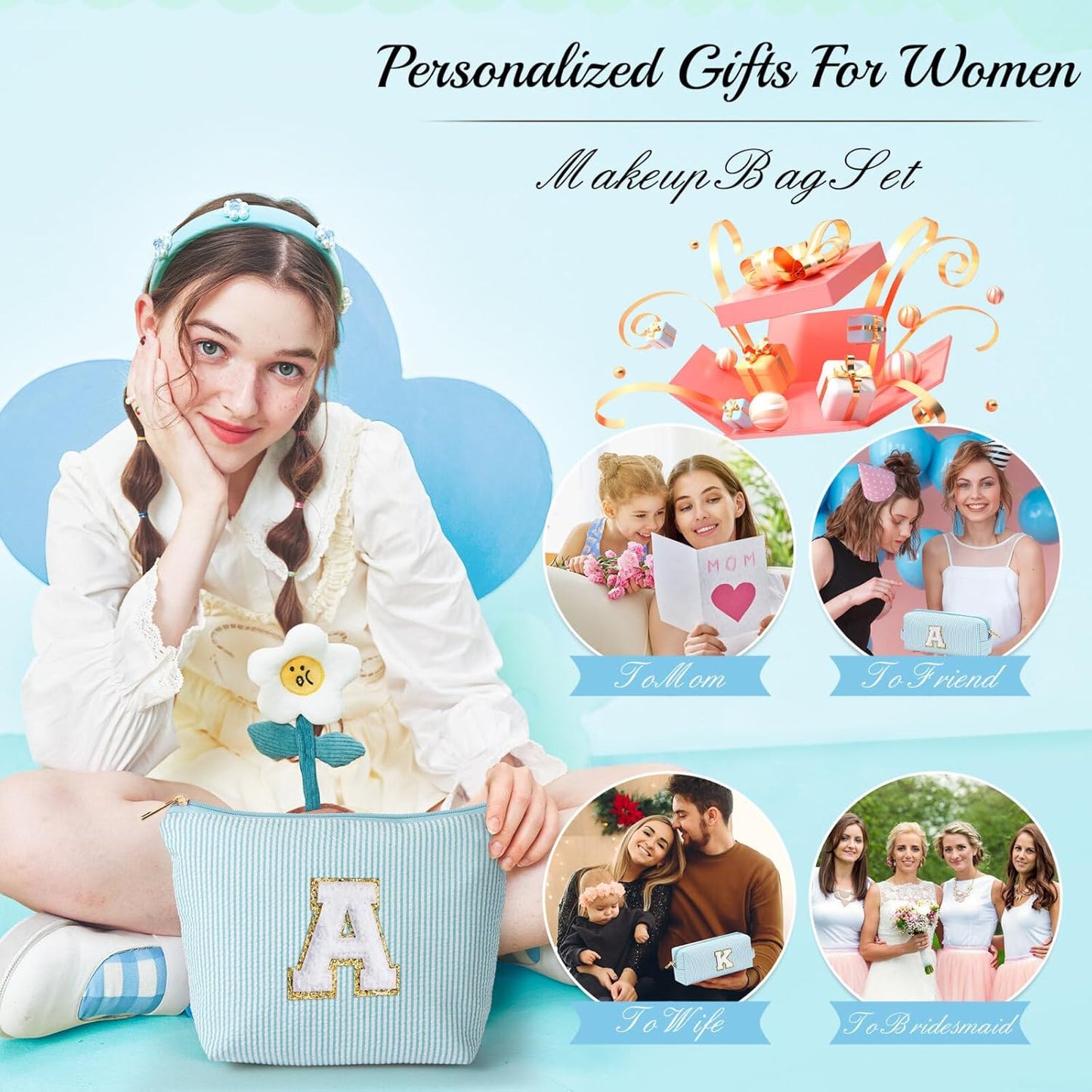 YOOLIFE Cute Makeup Bag for Women & Girls - Cosmetic Bag | Initial Make Up Bag | Personalized Gift for Women / Her | Bridal Shower & Mother's Day Gift