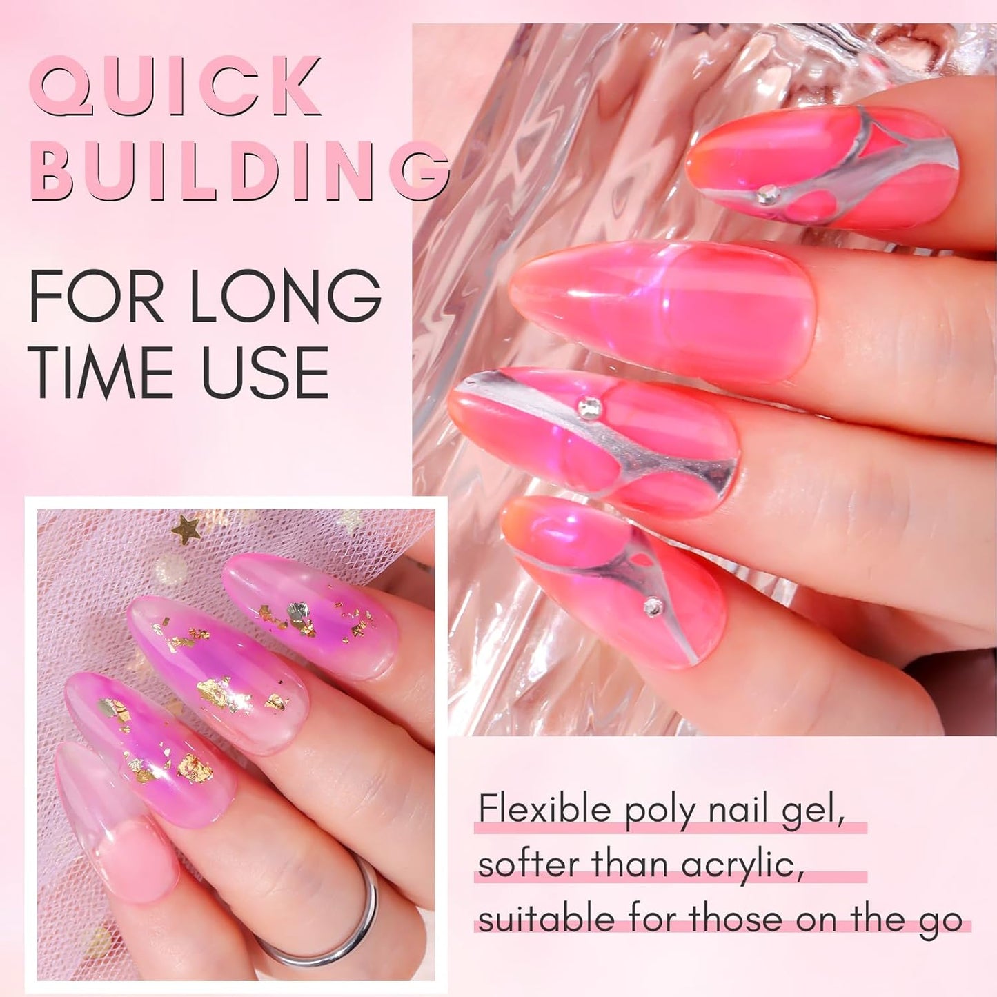 Makartt Poly Nail Gel Kit, 2PCs 50ML Transparent Pink & Hot Pink Colors, Large Capacity Poly Extension Nail Gel Kit, Strong Builder for Extension, 3D Diy Hard Gels Manicures Home Salon