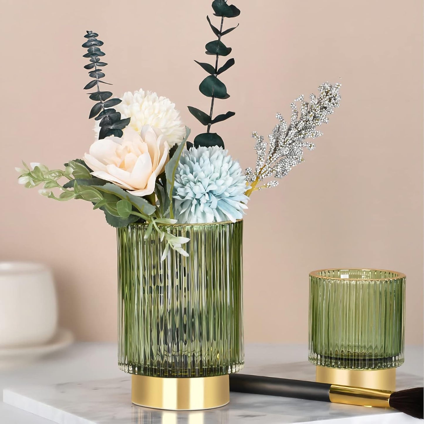 DASITON Makeup Brush holder Organizer,Crystal Cosmetic Makeup Brush Glass Brushes Storage Holder, Vintage Make Up Brush Cup Pen Pencil Holder striped vase(Green L)