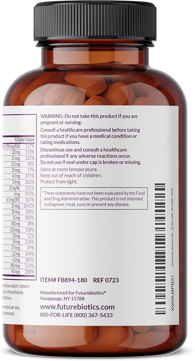 Futurebiotics Women's 50+ Multivitamin Once Daily Multivitamin for Active Women Over 50, Non-GMO, 180 Tablets