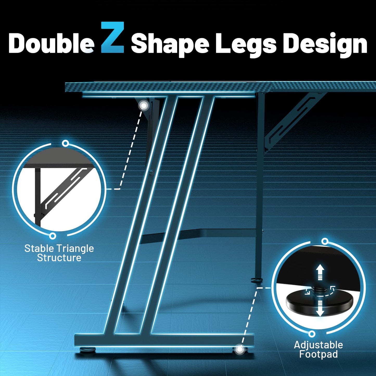 HLDIRECT 51 Inch L Shaped Gaming Desk with Monitor Stand and LED Lights, Corner Computer Desk with Carbon Fiber Surface, PC Gaming Table for Home Office Writing Workstation, Easy to Install, Black