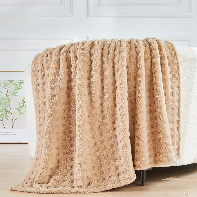 NEWCOSPLAY Super Soft Queen Blanket Brown Premium Silky Flannel Fleece 3D Waffle Checkered Lightweight Bed Blanket All Season Use (Brown, Queen(90"x90"))
