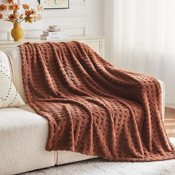 NEWCOSPLAY Super Soft Throw Blanket Coffee Premium Silky Flannel Fleece 3D Waffle Checkered Lightweight Bed Blanket All Season Use (Coffee, Throw(50"x70"))