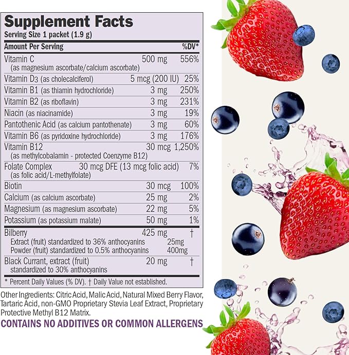 ANDREW LESSMAN Efficient C Mixed Berry 30 Packets - Immune, Energy, Stress and Eye Health Support. Reinvention of The Vitamin C Drink. No Calories. No Sugar. No Carbs. Easy to Mix.
