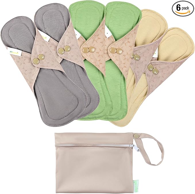 wegreeco 6 Pcs Reusable Menstrual Pads, Ultra Absorbent Cloth Pads for Heavy Flow, Sanitary for Teens,Women, Nonslip, Inner Mustard Yellow, Grey, Beige, Rose Gold Outer, XL