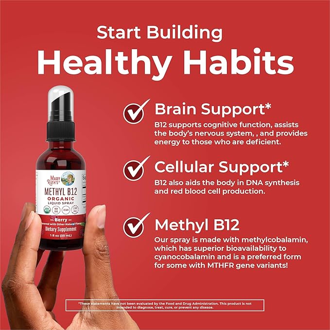 MaryRuth Organics Vitamin B12 Liquid Spray | Vegan, Non-GMO, Gluten-Free | USDA Organic Supplement | Energy & Nervous System Support | B12 Vitamins for Women & Men | 1,500 mcg | 1 Fl Oz