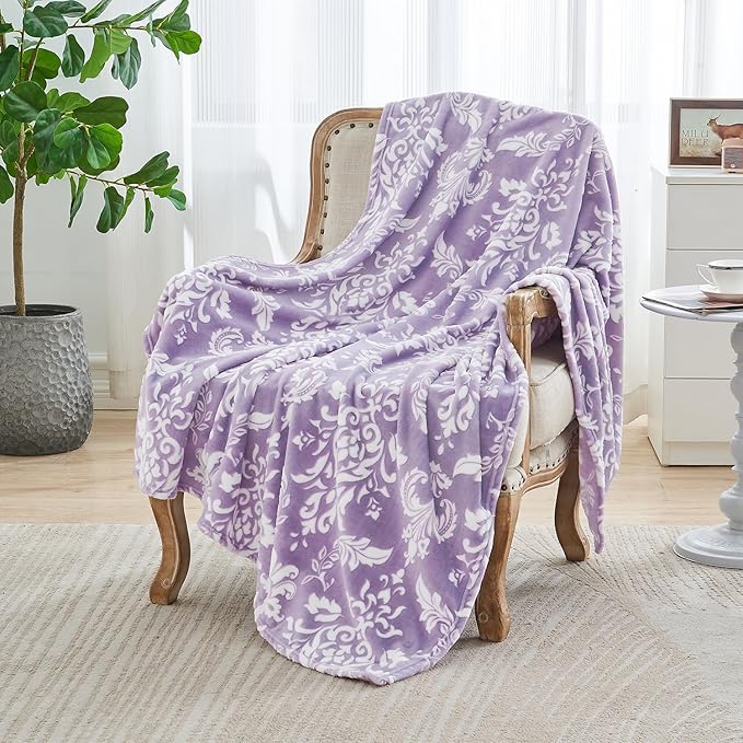 SOCHOW 3D Pattern Decorated Flannel Fleece Throw Blanket for Couch, Super Soft Lightweight Cozy Warm Blanket for Bed, Sofa, Dusty Purple 50 x 60 Inches