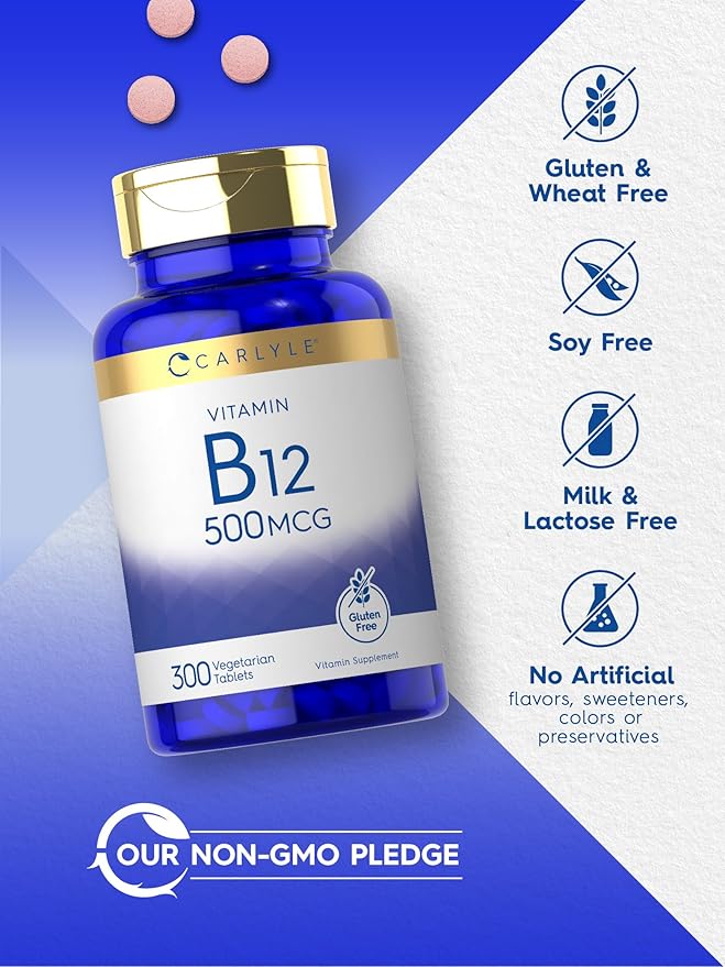 Carlyle Vitamin B-12 500mcg | 300 Tablets | Vegetarian, Non-GMO, Gluten Free Supplement