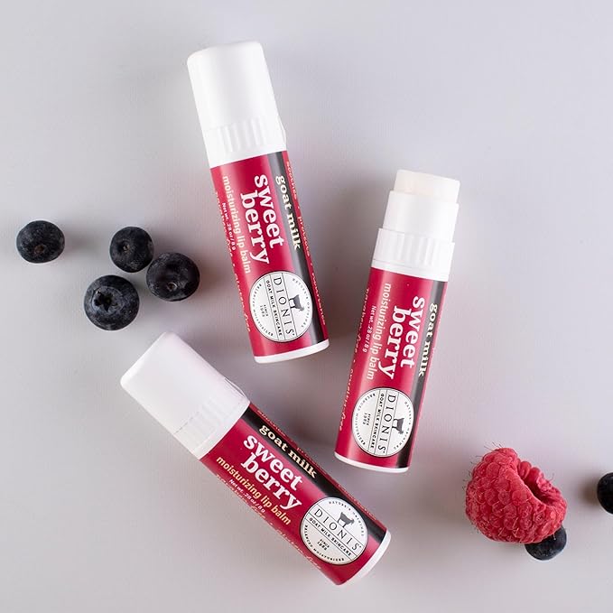 Dionis Goat Milk Skincare Sweet Berry Holiday Lip Balm Gift Set - Beeswax, Shea Butter & Coconut Oil Lip Care Products Made in The USA - Cruelty Free Lip Moisturizer for Chapped Lips, 0.28oz 3 Pack