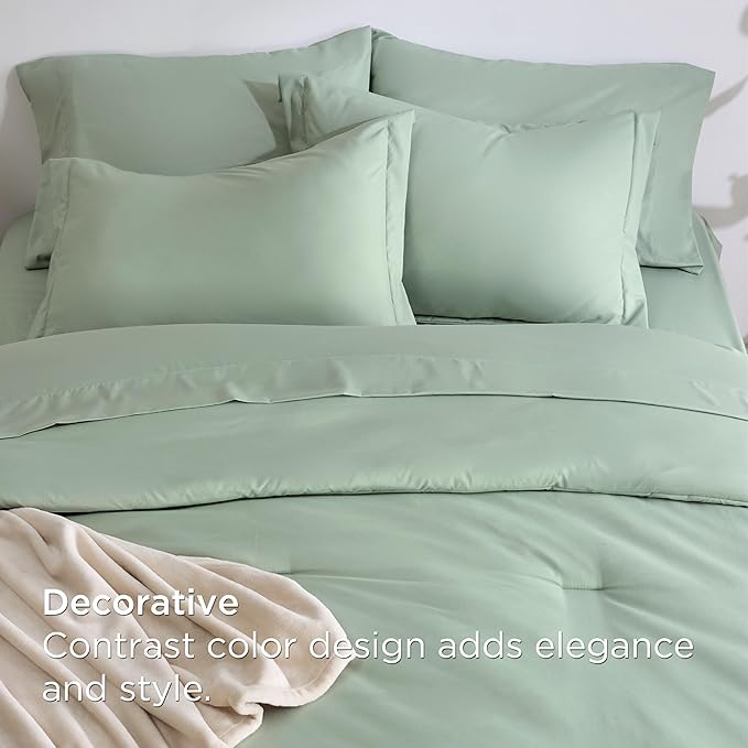 Bedsure Twin Comforter Set Sage Green, 6 Pieces Prewashed Twin Size Bed in a Bag with Soft Fleece Bed Blanket, Down Alternative Bedding Set for All Seasons, Sheets, Pillowcase & Sham