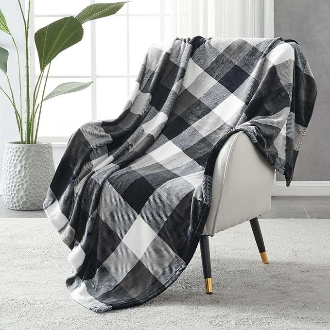SOCHOW Buffalo Plaid Flannel Fleece Throw Blanket 90 x 108 Inches, Soft Lightweight Cozy All Season Black/White Checkered Blanket for Bed, Couch, Car