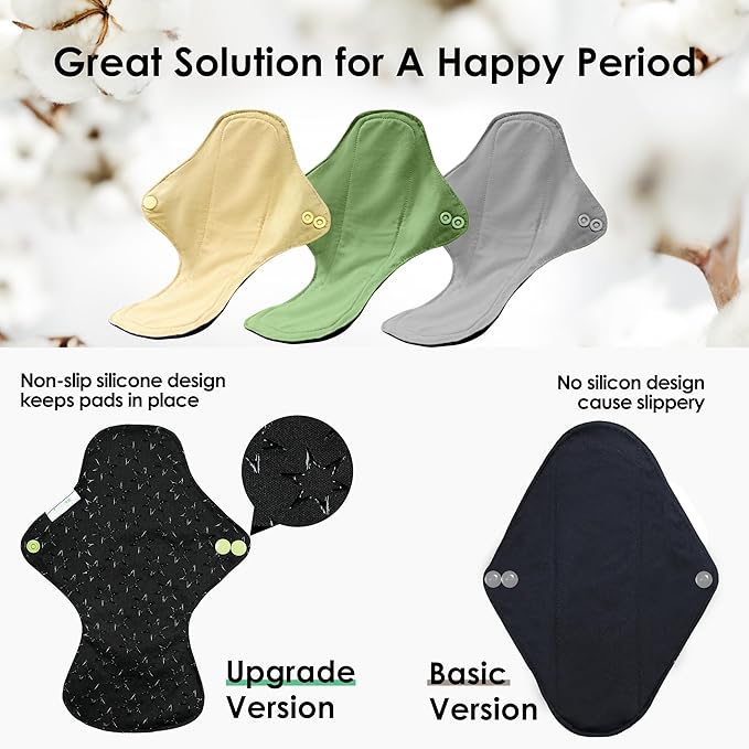 wegreeco 6 Pcs Reusable Menstrual Pads, Ultra Absorbent Cloth Pads for Period, Sanitary for Teens, Women, Nonslip Panty Liners + 1 Pc Wet Bag (Mustard Yellow, Grey, Beige, M)
