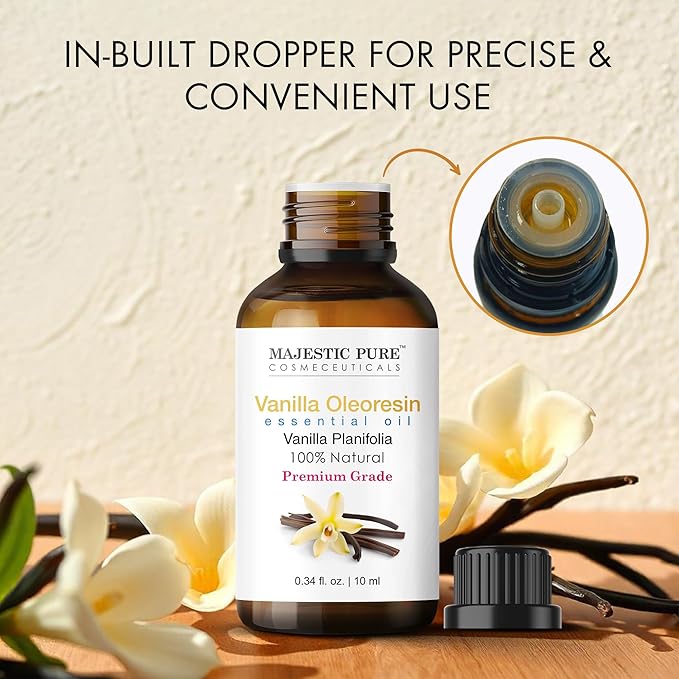 MAJESTIC PURE Vanilla Oleoresin Essential Oil | 100% Natural Oil with in-Build Euro Plastic Dropper | Premium Grade Essential Oils for Hair Care, Home Diffusers, Skin, Aromatherapy | 0.3 Fl Oz