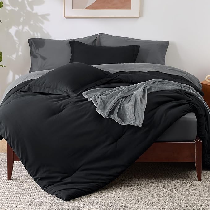 Bedsure Queen Comforter Set Black, 8 Pieces Prewashed Queen Size Bed in a Bag with Soft Fleece Bed Blanket, Down Alternative Bedding Set for All Seasons, Sheets, Pillowcases & Shams