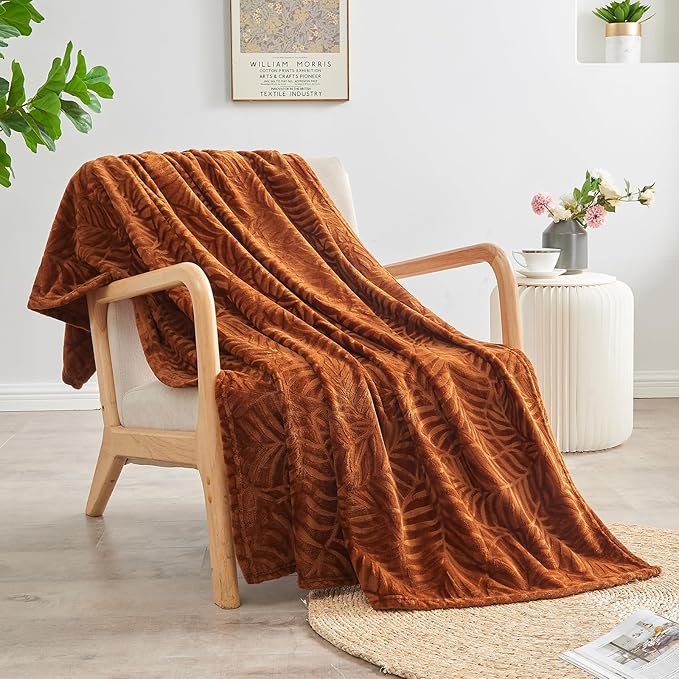 SOCHOW Super Soft Flannel Fleece Fall Throw Blanket, Lightweight Cozy Warm Leaves Textured Plush Blanket for Bed Couch Sofa, 60 x 80 Inches, Caramel