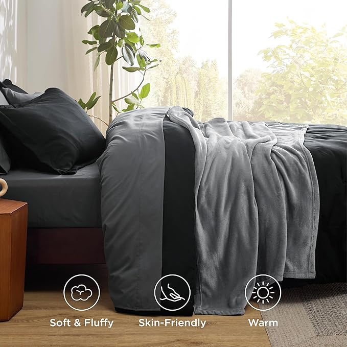 Bedsure Queen Comforter Set Black, 8 Pieces Prewashed Queen Size Bed in a Bag with Soft Fleece Bed Blanket, Down Alternative Bedding Set for All Seasons, Sheets, Pillowcases & Shams