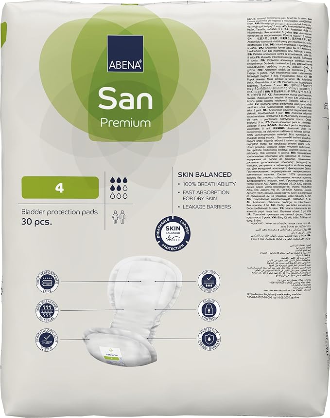 Abena San Premium Incontinence Pads, Moderate Absorbency, (Sizes 4 to 7), Size 4, 30 Count
