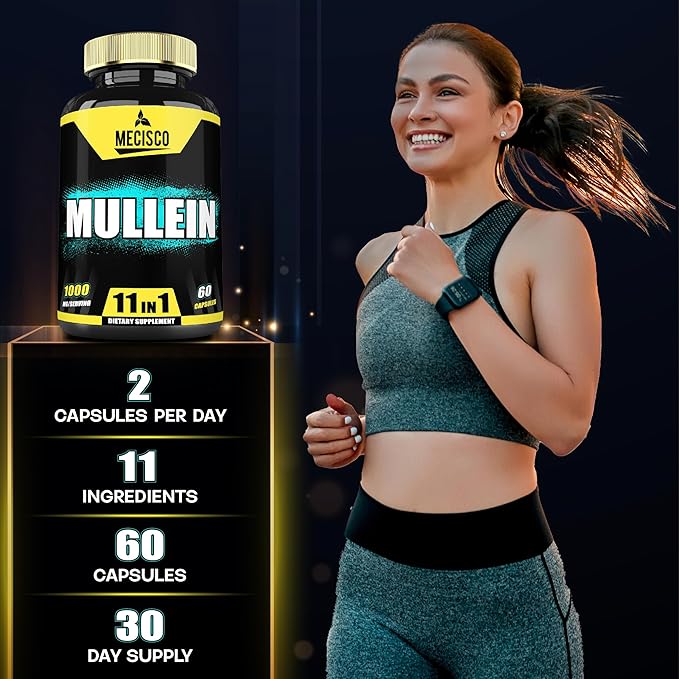 Mullein Leaf Supplement with Panax Ginseng Root, Cordyceps Sinensis & More - 60 Capsules - 11in1 Support Respiratory Health, Immune System, Energy Production, and Ability to Remember