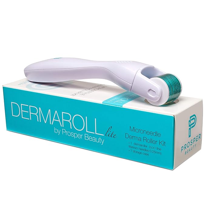 Derma Roller Microneedle Kit [DERMAROLL LITE 0.25mm by Prosper Beauty] Face Roller with Replaceable Head Exfoliation Microdermabrasion Micro Derma Skin Care Tool Dermaplaning Microneedling