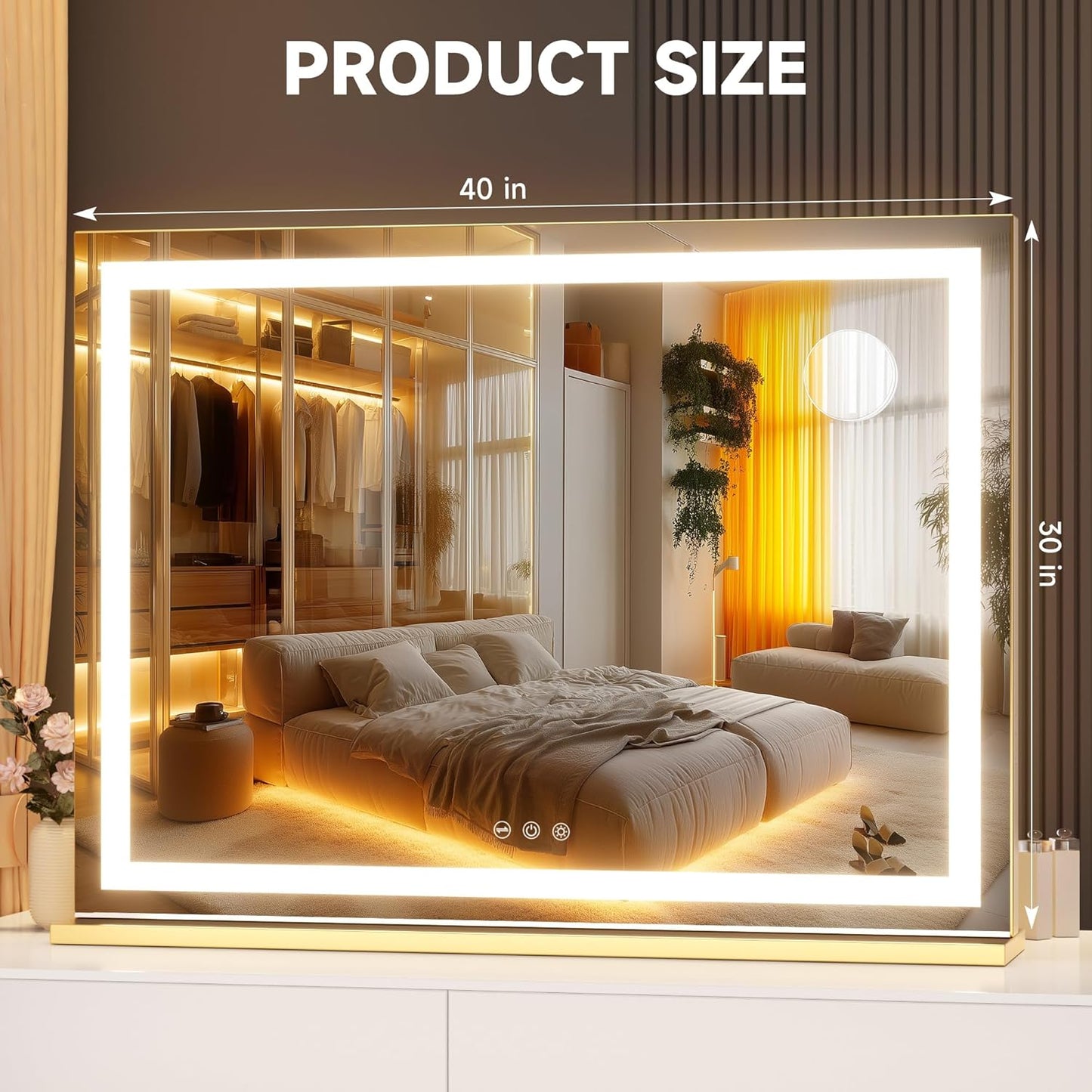 Hasipu Vanity Mirror with Lights, 40" x 30" LED Makeup Mirror, Lighted Makeup Mirror with Dimmable 3 Modes, Touch Screen Control Vanity Mirror Square Gold