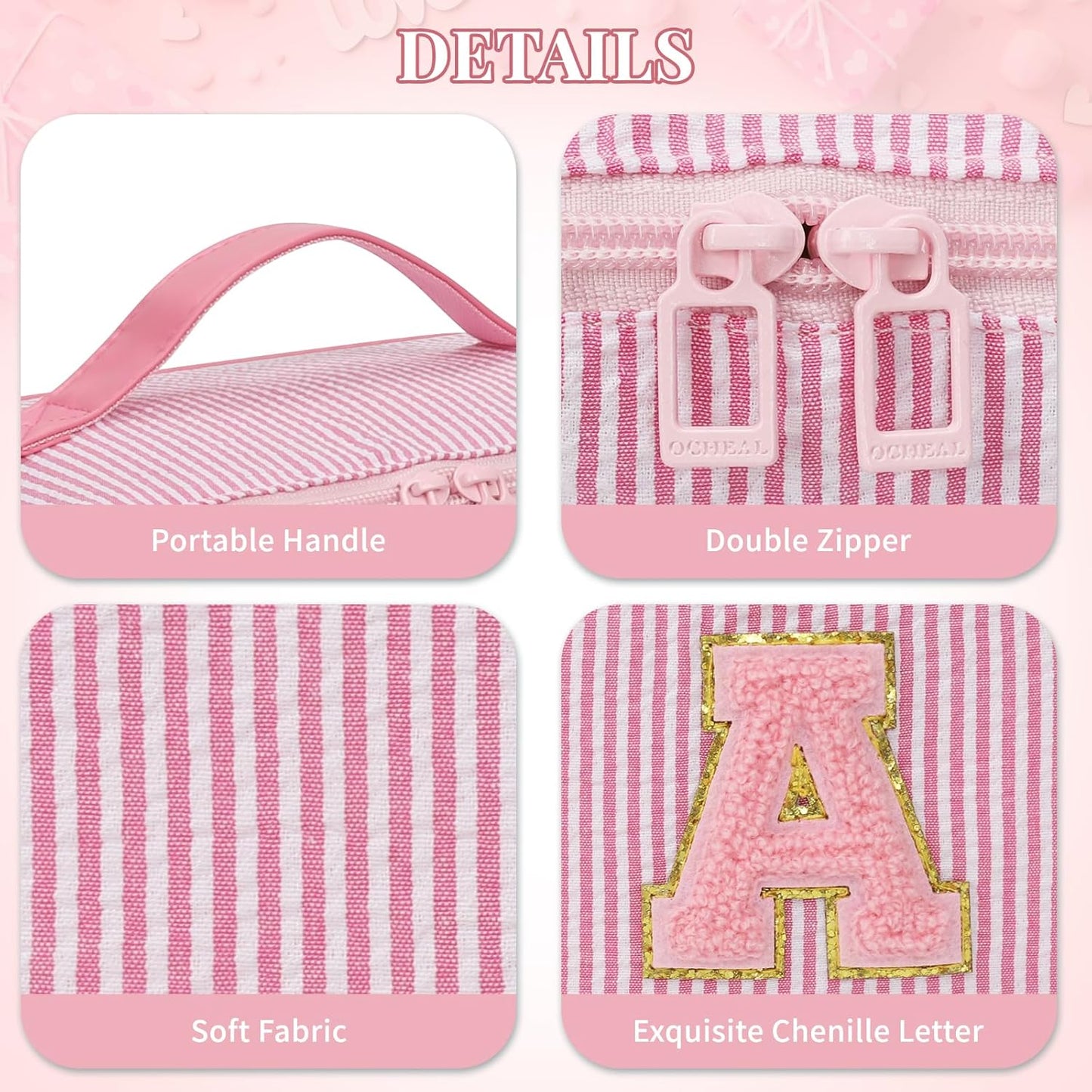 Travel Makeup Bag for Women, 2Pcs Portable Personalized Initial Makeup Organizer Bag, Open Flat Large Cosmetic Bag With Travel Essential Pouch (Pink Letter U)