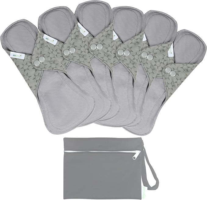 wegreeco 6 Pcs Reusable Menstrual Pads, Ultra Absorbent Cloth Pads for Heavy Flow, Sanitary for Teens, Women, Nonslip, Grey Inner, Grey Outer, X-Large