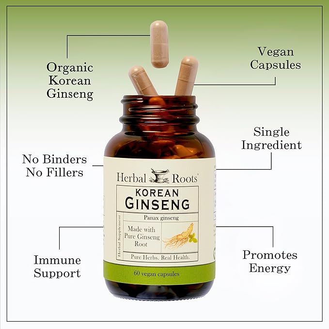 Herbal Roots Panax Ginseng | Organic Korean Ginseng Root Powder | 1000mg | High Ginsenosides for Energy & Performance | 60 Vegan Capsules