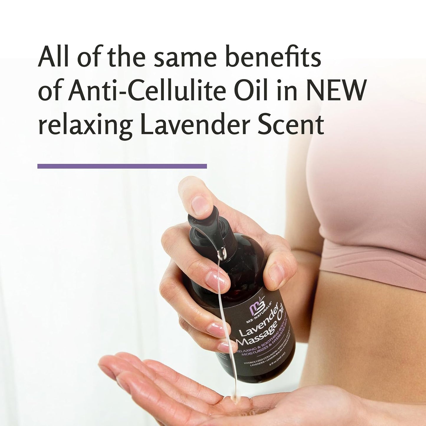 Lavender Sensual Massage Oil with Collagen and Stem Cells, Skin Tightening Therapy for Bum, Thighs, and Belly, Fast-Absorbing Cellulite Oil, 8 fl oz by M3 Naturals