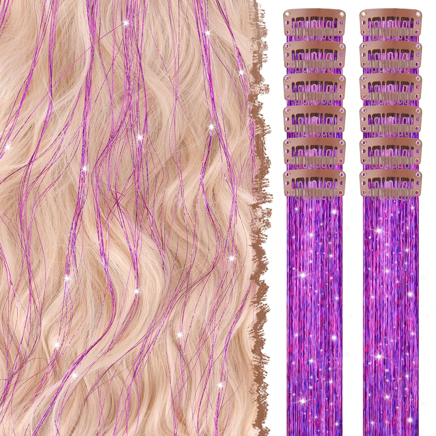 FESHFEN Clip in Hair Tinsel - 12 PCS Lilac Purple Clip ins Glitter Tinsel Hair Extensions Sparkle Fairy Dazzle Colorful Accessories Kit for Women 20 Inch