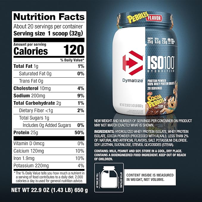 Dymatize x Cocoa Pebbles ISO100 Whey Protein Powder Isolate, 25g of Protein, 20 Servings, 5.5g BCAAs, 120 Cal., Gluten Free, 1g Fat, 1g Sugar, 2g Carb